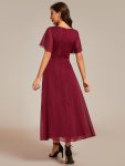 See-Through Long Sleeve Twist Knot A-Line Lotus Leaf Shimmering Evening Dress – Burgundy