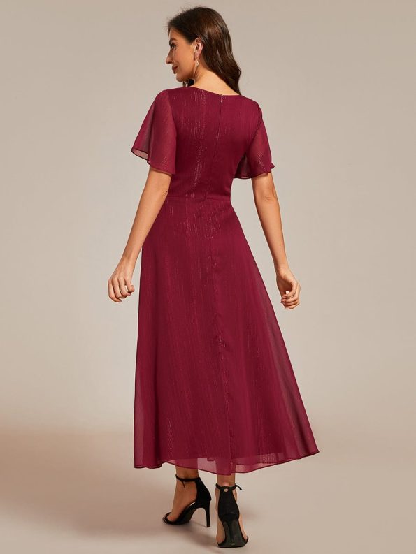 See-Through Long Sleeve Twist Knot A-Line Lotus Leaf Shimmering Evening Dress - Burgundy