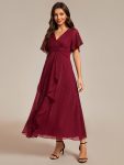 See-Through Long Sleeve Twist Knot A-Line Lotus Leaf Shimmering Evening Dress – Burgundy