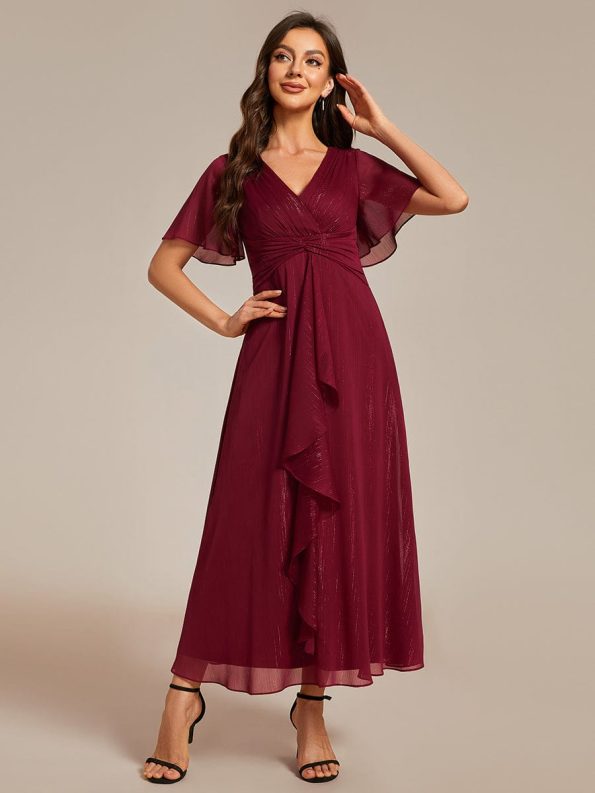 See-Through Long Sleeve Twist Knot A-Line Lotus Leaf Shimmering Evening Dress - Burgundy