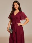 See-Through Long Sleeve Twist Knot A-Line Lotus Leaf Shimmering Evening Dress – Burgundy