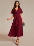 See-Through Long Sleeve Twist Knot A-Line Lotus Leaf Shimmering Evening Dress – Burgundy