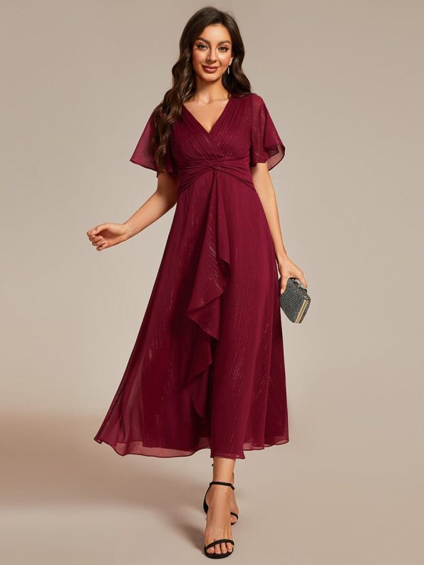 See-Through Long Sleeve Twist Knot A-Line Lotus Leaf Shimmering Evening Dress - Burgundy