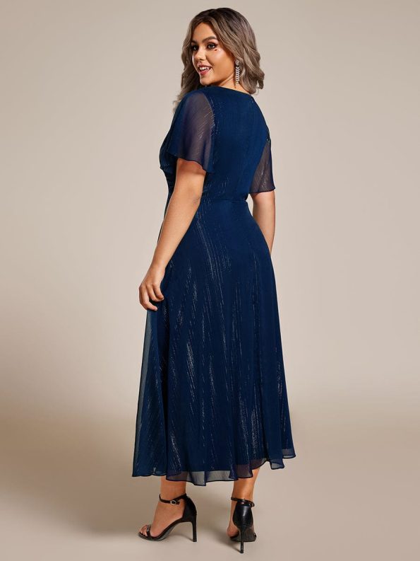 See-Through Long Sleeve Twist Knot A-Line Lotus Leaf Shimmering Evening Dress - Navy Blue