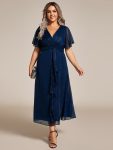 See-Through Long Sleeve Twist Knot A-Line Lotus Leaf Shimmering Evening Dress – Navy Blue