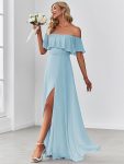 Women’s Off Shoulder Ruffle Thigh Slit Bridesmaid Dresses – Sky Blue