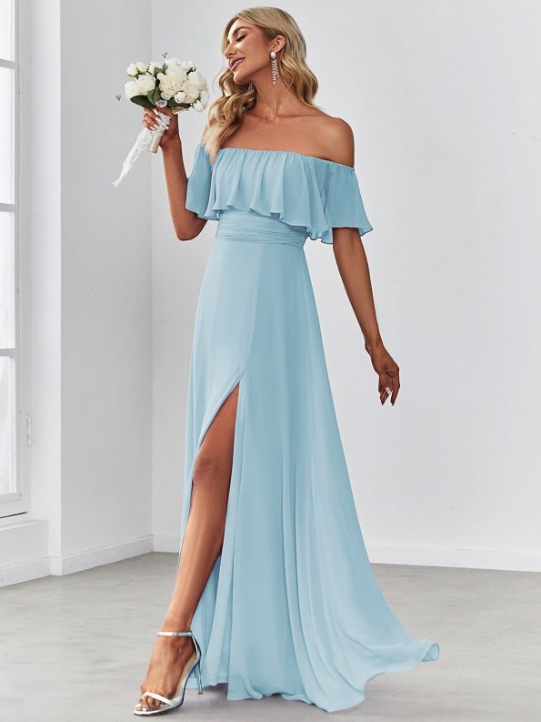 Women's Off Shoulder Ruffle Thigh Slit Bridesmaid Dresses - Sky Blue