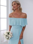 Women’s Off Shoulder Ruffle Thigh Slit Bridesmaid Dresses – Sky Blue