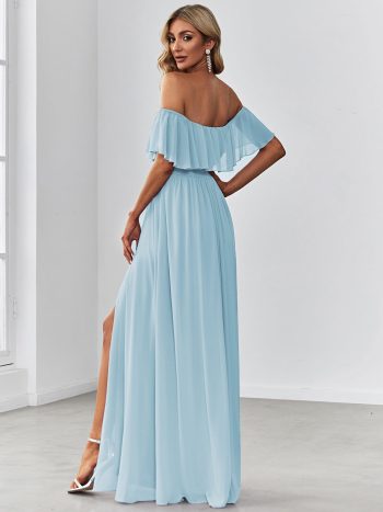 Women's Off Shoulder Ruffle Thigh Slit Bridesmaid Dresses - Sky Blue