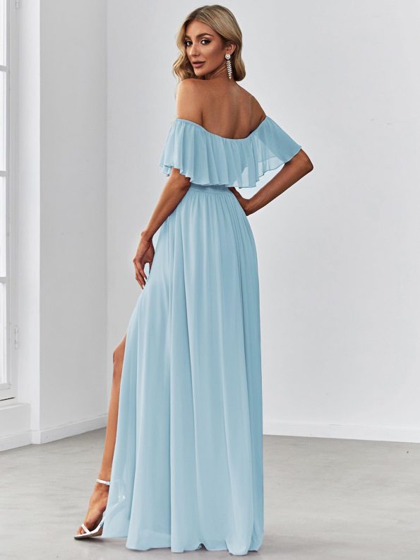 Women's Off Shoulder Ruffle Thigh Slit Bridesmaid Dresses - Sky Blue