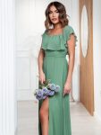 Women’s Off Shoulder Ruffle Thigh Slit Bridesmaid Dresses – Green Bean