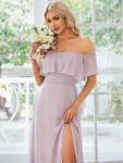 Women’s Off Shoulder Ruffle Thigh Slit Bridesmaid Dresses – Lilac