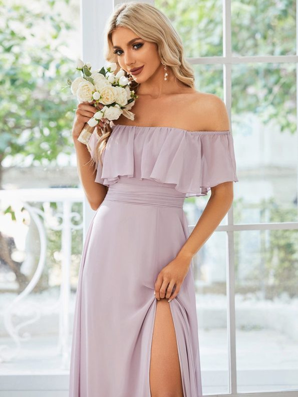 Women's Off Shoulder Ruffle Thigh Slit Bridesmaid Dresses - Lilac