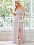 Women's Off Shoulder Ruffle Thigh Slit Bridesmaid Dresses - Lilac