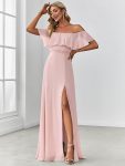 Women's Off Shoulder Ruffle Thigh Slit Bridesmaid Dresses - Pink