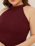 Ruffled Front Slit Cinched Waist Halter Sleeveless Evening Dress – Burgundy