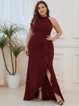 Ruffled Front Slit Cinched Waist Halter Sleeveless Evening Dress – Burgundy