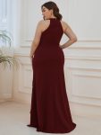 Ruffled Front Slit Cinched Waist Halter Sleeveless Evening Dress – Burgundy