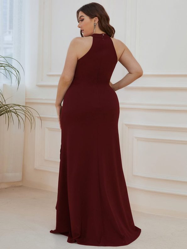 Ruffled Front Slit Cinched Waist Halter Sleeveless Evening Dress - Burgundy