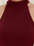 Ruffled Front Slit Cinched Waist Halter Sleeveless Evening Dress – Burgundy