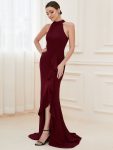 Ruffled Front Slit Cinched Waist Halter Sleeveless Evening Dress – Burgundy