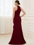 Ruffled Front Slit Cinched Waist Halter Sleeveless Evening Dress – Burgundy