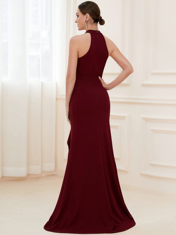 Ruffled Front Slit Cinched Waist Halter Sleeveless Evening Dress - Burgundy