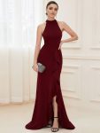 Ruffled Front Slit Cinched Waist Halter Sleeveless Evening Dress – Burgundy