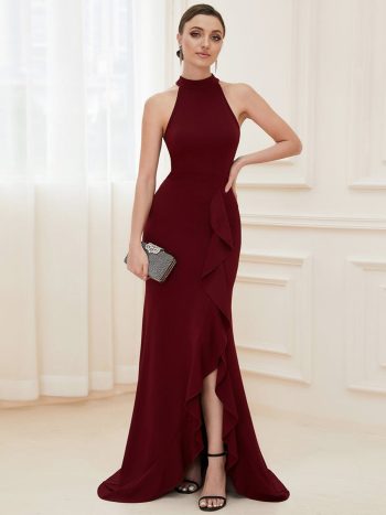Ruffled Front Slit Cinched Waist Halter Sleeveless Evening Dress - Burgundy