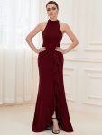 Ruffled Front Slit Cinched Waist Halter Sleeveless Evening Dress – Burgundy