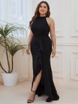 Ruffled Front Slit Cinched Waist Halter Sleeveless Evening Dress – Black