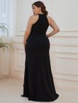 Ruffled Front Slit Cinched Waist Halter Sleeveless Evening Dress – Black