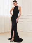 Ruffled Front Slit Cinched Waist Halter Sleeveless Evening Dress – Black