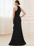 Ruffled Front Slit Cinched Waist Halter Sleeveless Evening Dress – Black