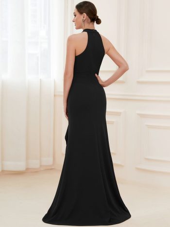 Ruffled Front Slit Cinched Waist Halter Sleeveless Evening Dress - Black