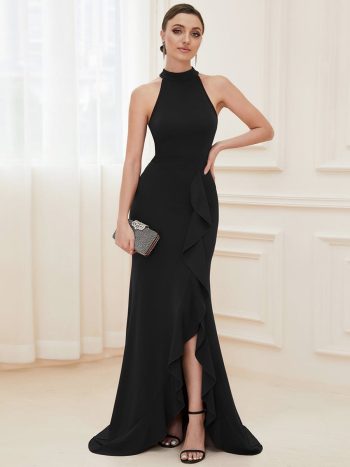 Ruffled Front Slit Cinched Waist Halter Sleeveless Evening Dress - Black