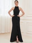 Ruffled Front Slit Cinched Waist Halter Sleeveless Evening Dress – Black