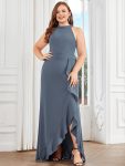 Ruffled Front Slit Cinched Waist Halter Sleeveless Evening Dress – Denim Blue