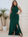 Ruffled Front Slit Cinched Waist Halter Sleeveless Evening Dress – Dark Green