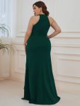 Ruffled Front Slit Cinched Waist Halter Sleeveless Evening Dress – Dark Green