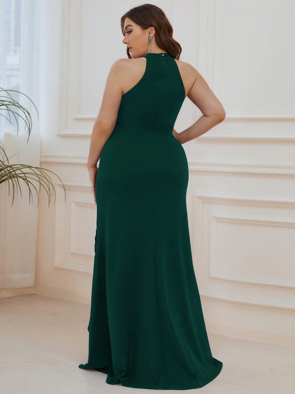 Ruffled Front Slit Cinched Waist Halter Sleeveless Evening Dress - Dark Green