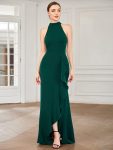 Ruffled Front Slit Cinched Waist Halter Sleeveless Evening Dress – Dark Green