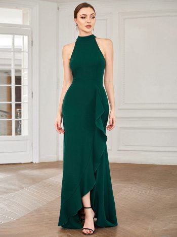 Ruffled Front Slit Cinched Waist Halter Sleeveless Evening Dress - Dark Green