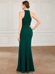 Ruffled Front Slit Cinched Waist Halter Sleeveless Evening Dress – Dark Green