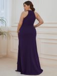 Ruffled Front Slit Cinched Waist Halter Sleeveless Evening Dress – Dark Purple