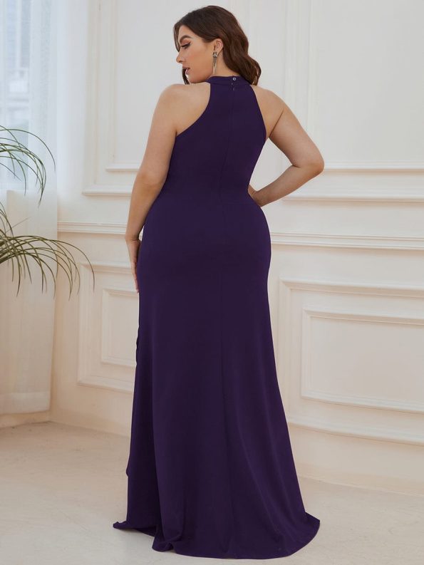 Ruffled Front Slit Cinched Waist Halter Sleeveless Evening Dress - Dark Purple