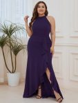 Ruffled Front Slit Cinched Waist Halter Sleeveless Evening Dress – Dark Purple