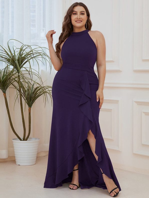 Ruffled Front Slit Cinched Waist Halter Sleeveless Evening Dress - Dark Purple