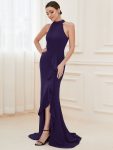 Ruffled Front Slit Cinched Waist Halter Sleeveless Evening Dress – Dark Purple