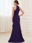 Ruffled Front Slit Cinched Waist Halter Sleeveless Evening Dress – Dark Purple